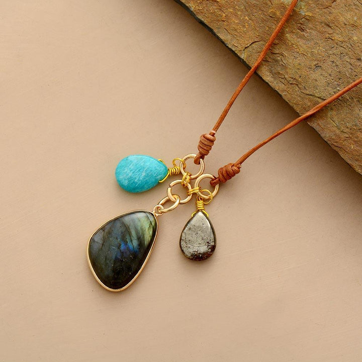 "Trio Sacré" Pendant Necklace in Amazonite, Labradorite & Pyrite