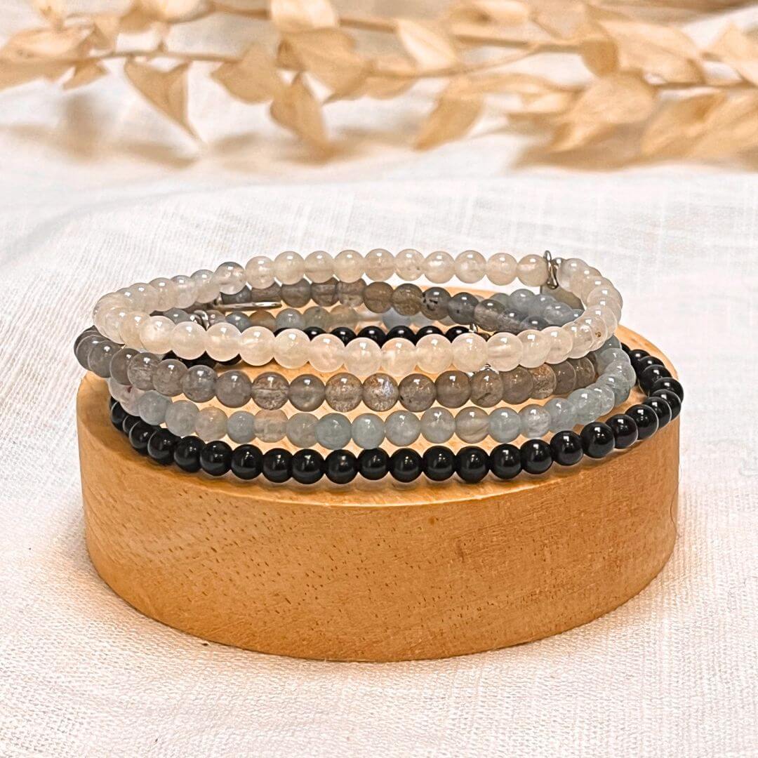 "Inner Strength & Protection" Bracelet Set in Labradorite, Moonstone, Aquamarine & Black Tourmaline