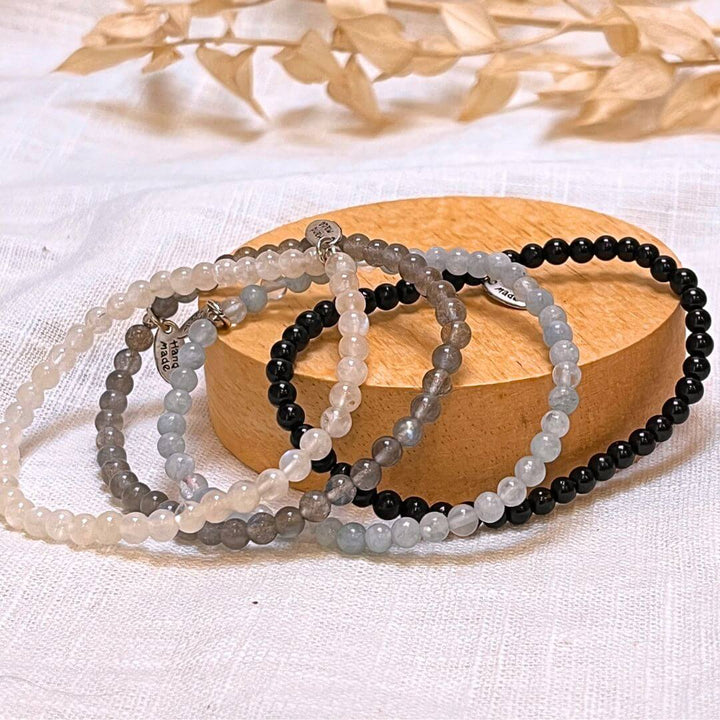 "Inner Strength & Protection" Bracelet Set in Labradorite, Moonstone, Aquamarine & Black Tourmaline