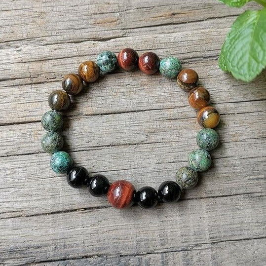 "Protective Energies" Bracelet in Tiger Eye, Bull Eye & African Turquoise