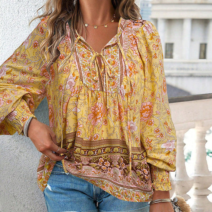 Leyla Printed Long Sleeve Shirt with V-Neck