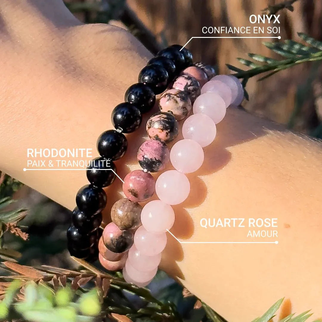 Trio of "Peace & Balance" Bracelets in Onyx, Rose Quartz & Rhodonite